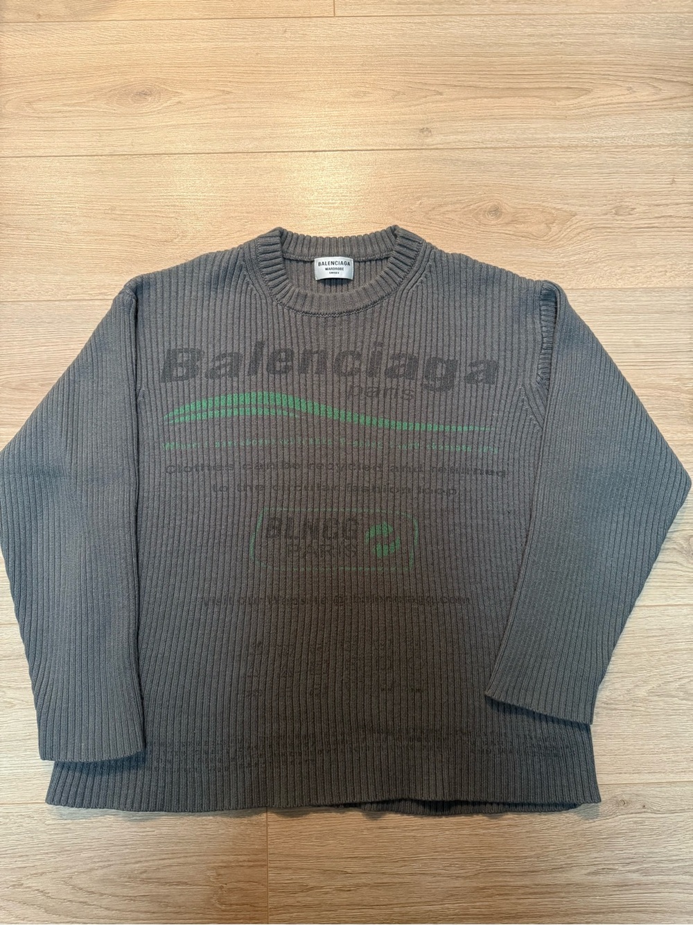 Balenciaga Men's Crewneck Sweater in Charcoal Gray with Green Accent